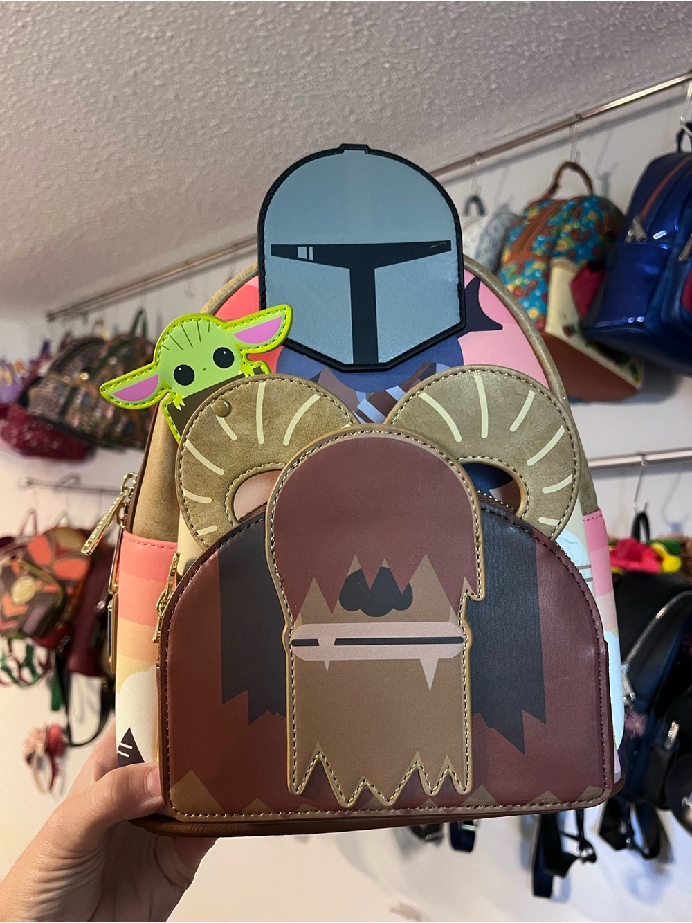 Loungefly Star Wars The Mandalorian Grogu Mini Backpack - Brown, Pink & Green